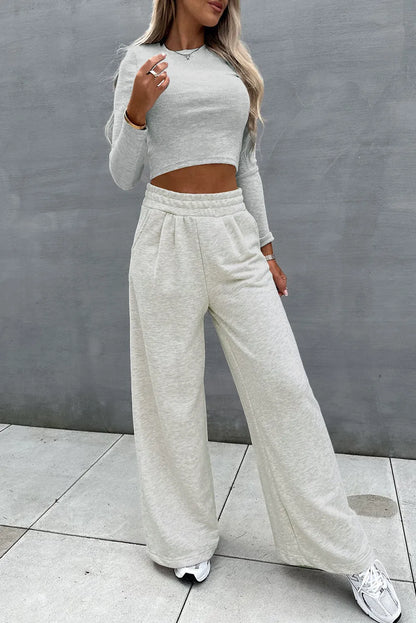 Beige Crop Top and Wide Leg Pants Two Piece Set - Chic Meadow Boutique 