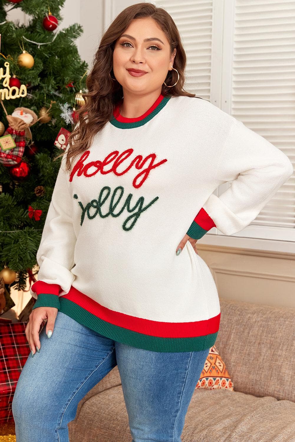 Plus Size/Plus Size Sweaters & Cardigans White Tinsel holly jolly Pattern Colorblock Edge Drop Shoulder Plus Size Sweater