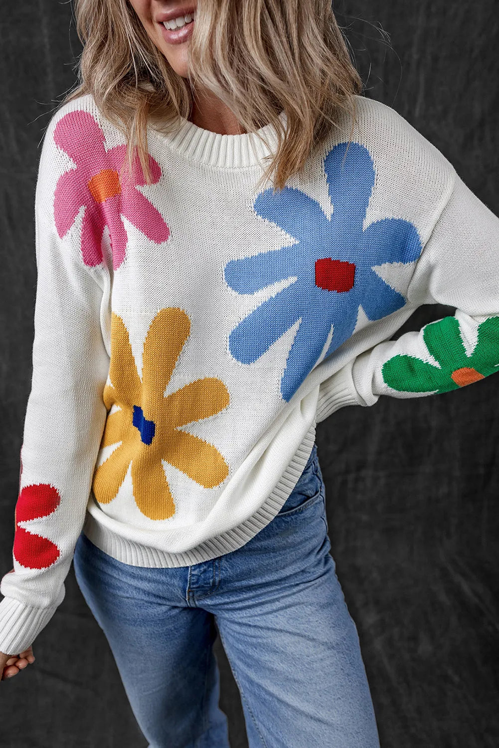 White Colorful Big Flower Pattern Crewneck Sweater - Chic Meadow Boutique 