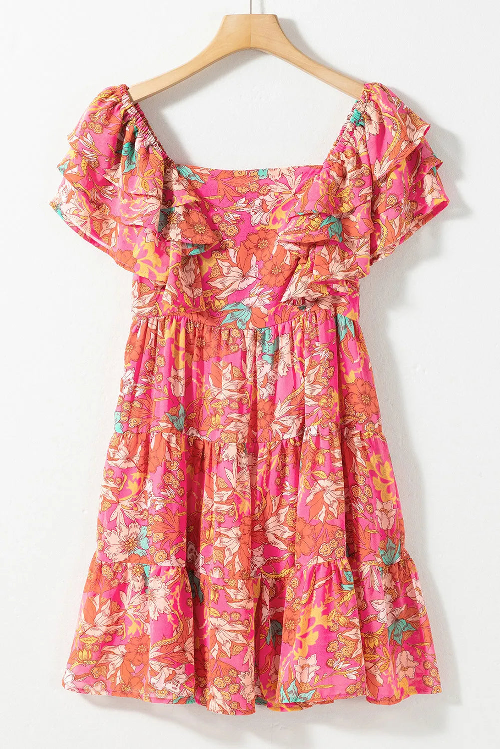 Pink Floral Square Neck Ruffle Sleeve Tiered Dress - Chic Meadow Boutique 