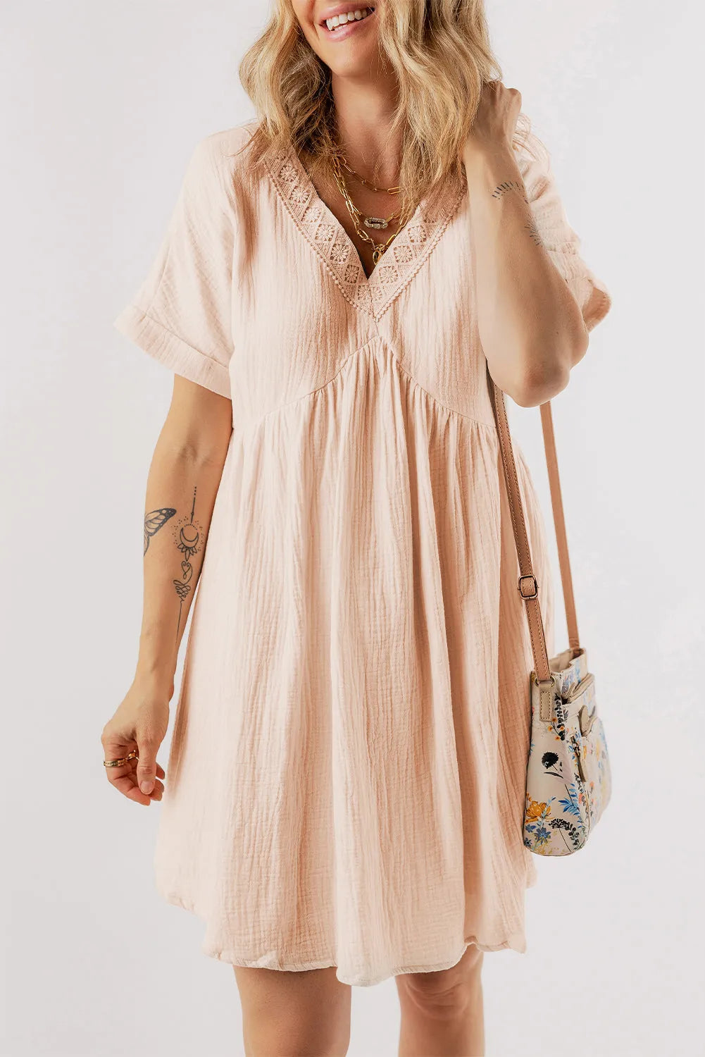 Beige Folded Short Sleeve Lace V Neck Mini Dress - Chic Meadow Boutique 