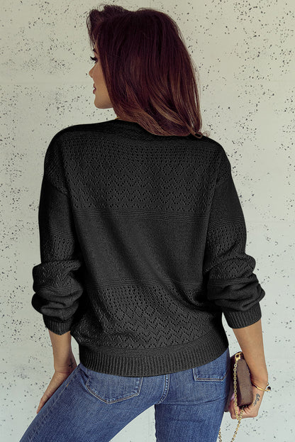 Black Eyelet Pattern Detail V Neck Drop Shoulder Sweater