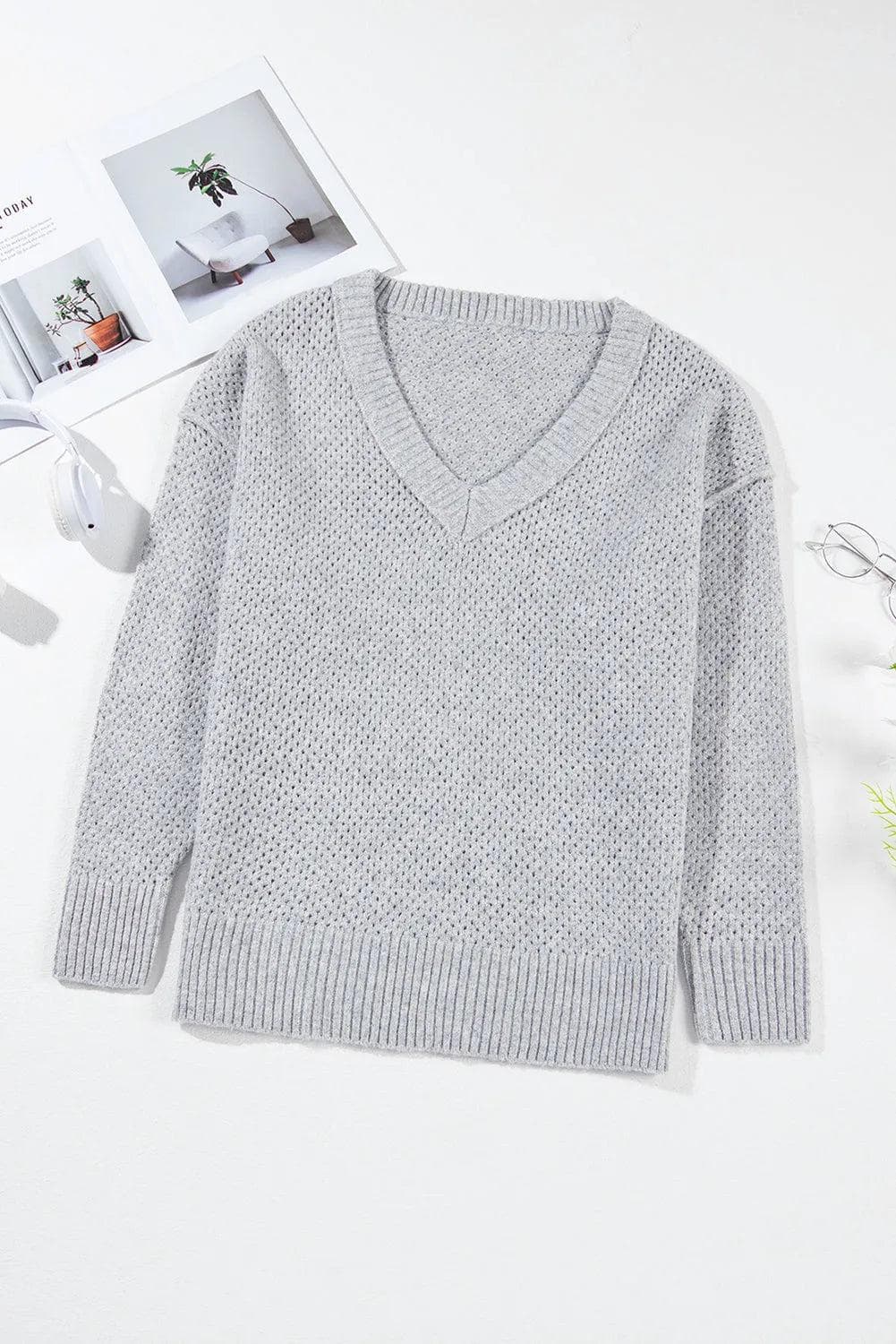 Sweaters & Cardigans/Sweaters Light Grey Loose Eyelet V Neck Drop Shoulder Sweater