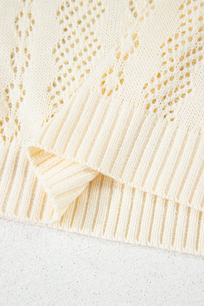 Beige Hollowed Pattern Knit Short Puff Sleeve Sweater