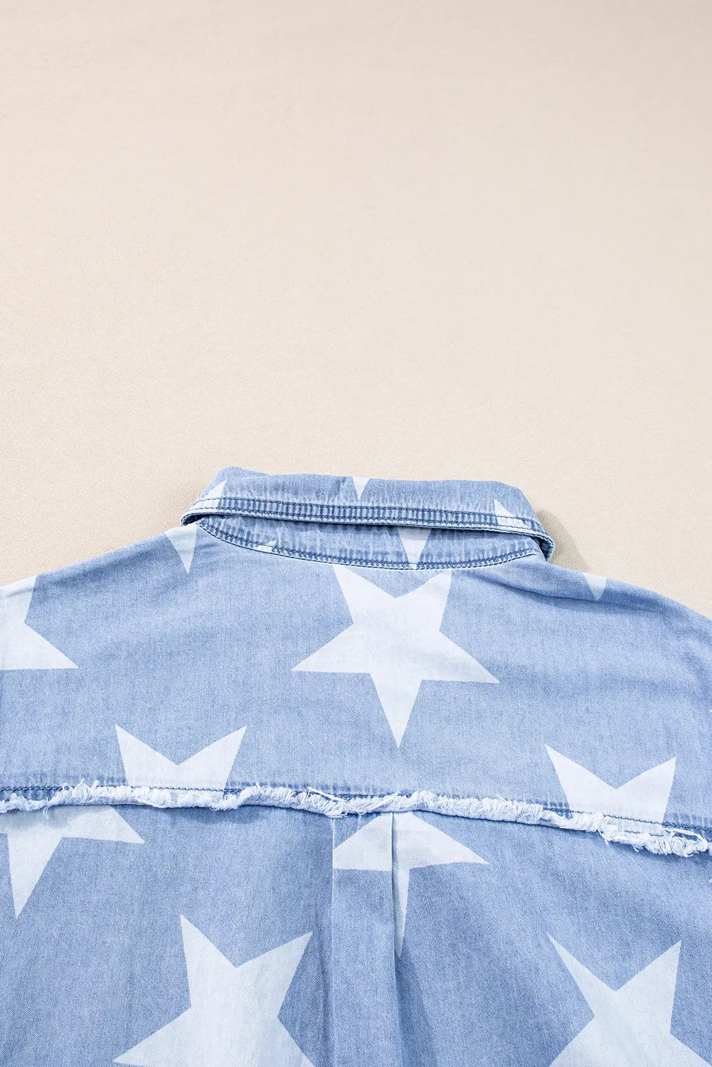 Sky Blue Stars Frayed Hem Collared Short Sleeve Denim Dress - Chic Meadow Boutique 