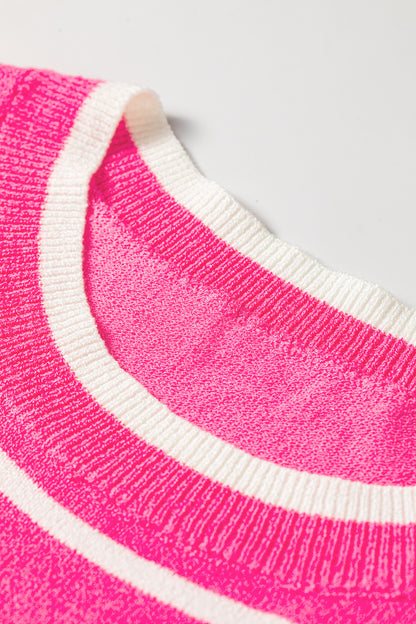 Rose Stripe Double Ruffle Short Sleeve Lightweight Knit Sweater