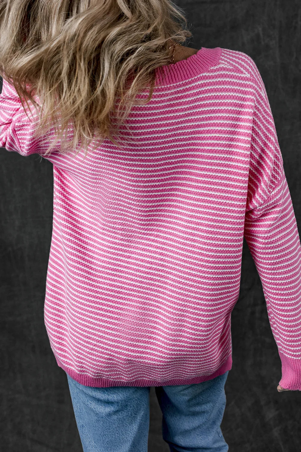 Pink Striped Scallop V Neck Loose Sweater with Slits - Chic Meadow Boutique 