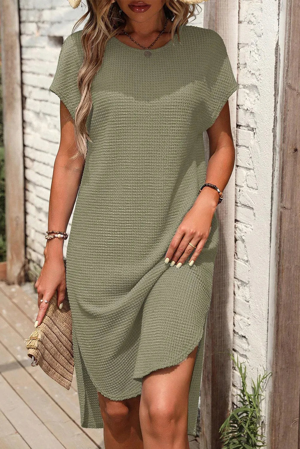 Jungle Green Waffle Texture Curved Hem Side Slit T-shirt Dress - Chic Meadow Boutique 