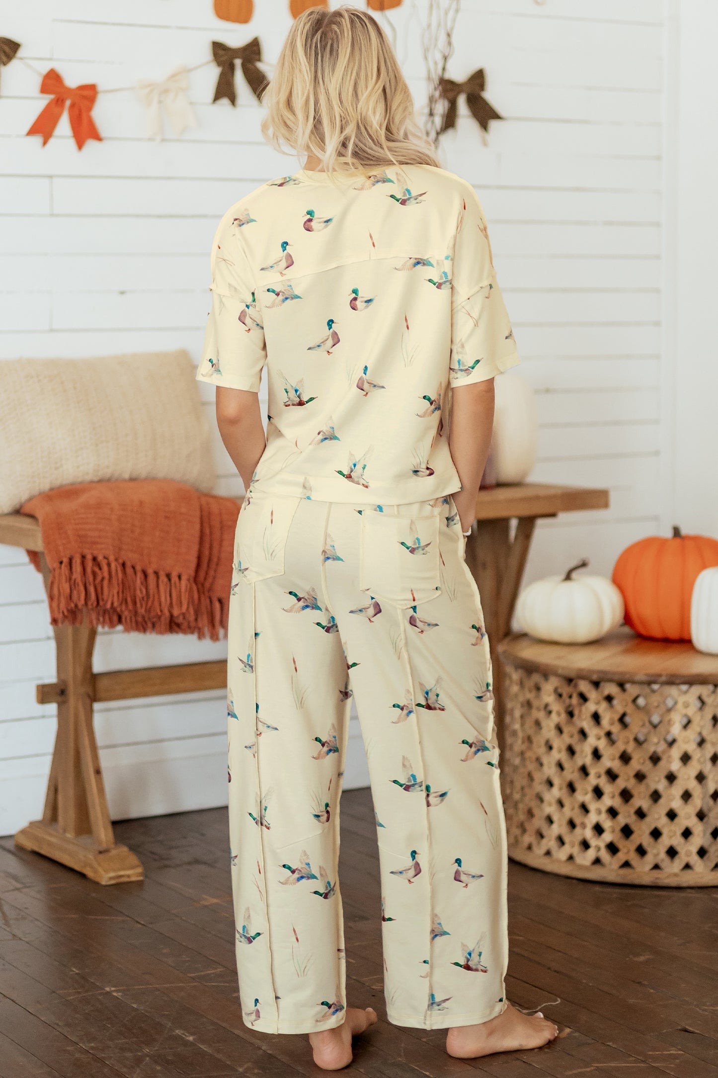 Beige Duck Print Short Sleeve Top Pocket Pants 2pcs Casual Set