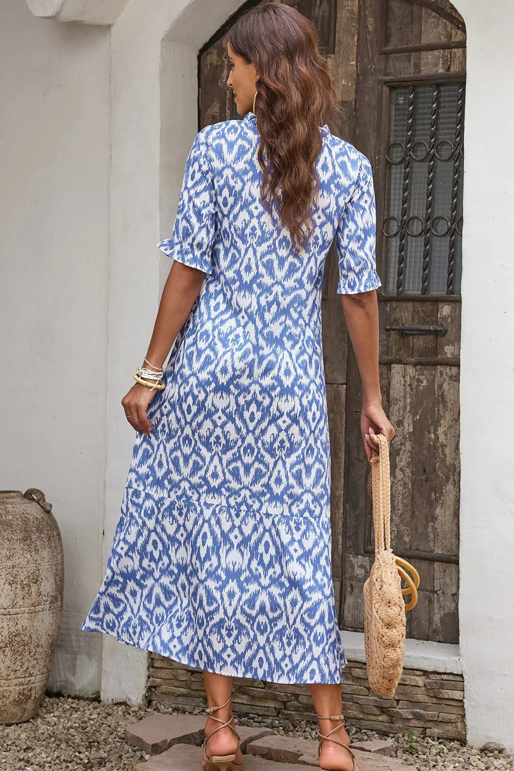 Sky Blue V Neck Casual Geometric Print Maxi Dress - Chic Meadow Boutique 