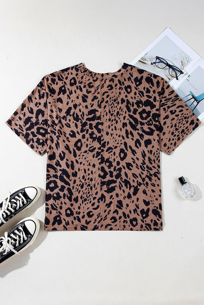 Brown Leopard Print V Neck Half Sleeve Oversized Tee