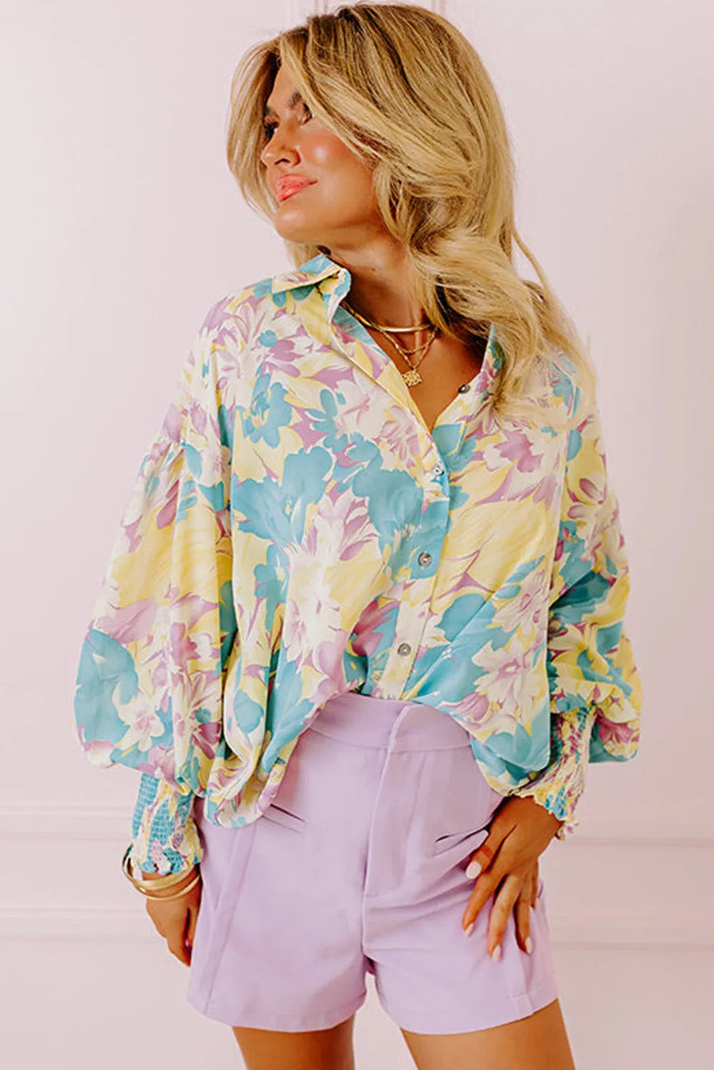 Yellow Floral Allover Print Shirred Cuff Oversized Shirt - Chic Meadow Boutique 