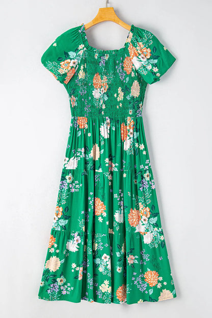 Green Floral Print Bubble Sleeve Smocked Tiered Midi Dress - Chic Meadow Boutique 