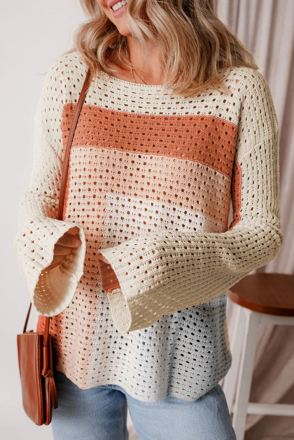 Apricot Pointelle Knit Colorblock Baggy Sweater - Chic Meadow Boutique 