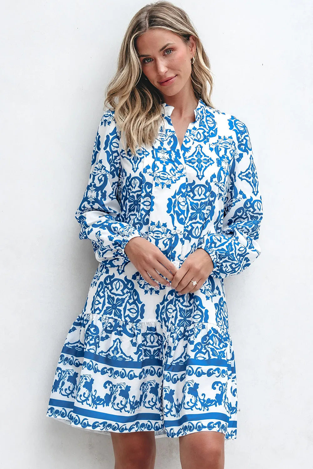 Sky Blue Tribal Print Button Up Notch Neck Loose Mini Dress - Chic Meadow Boutique 