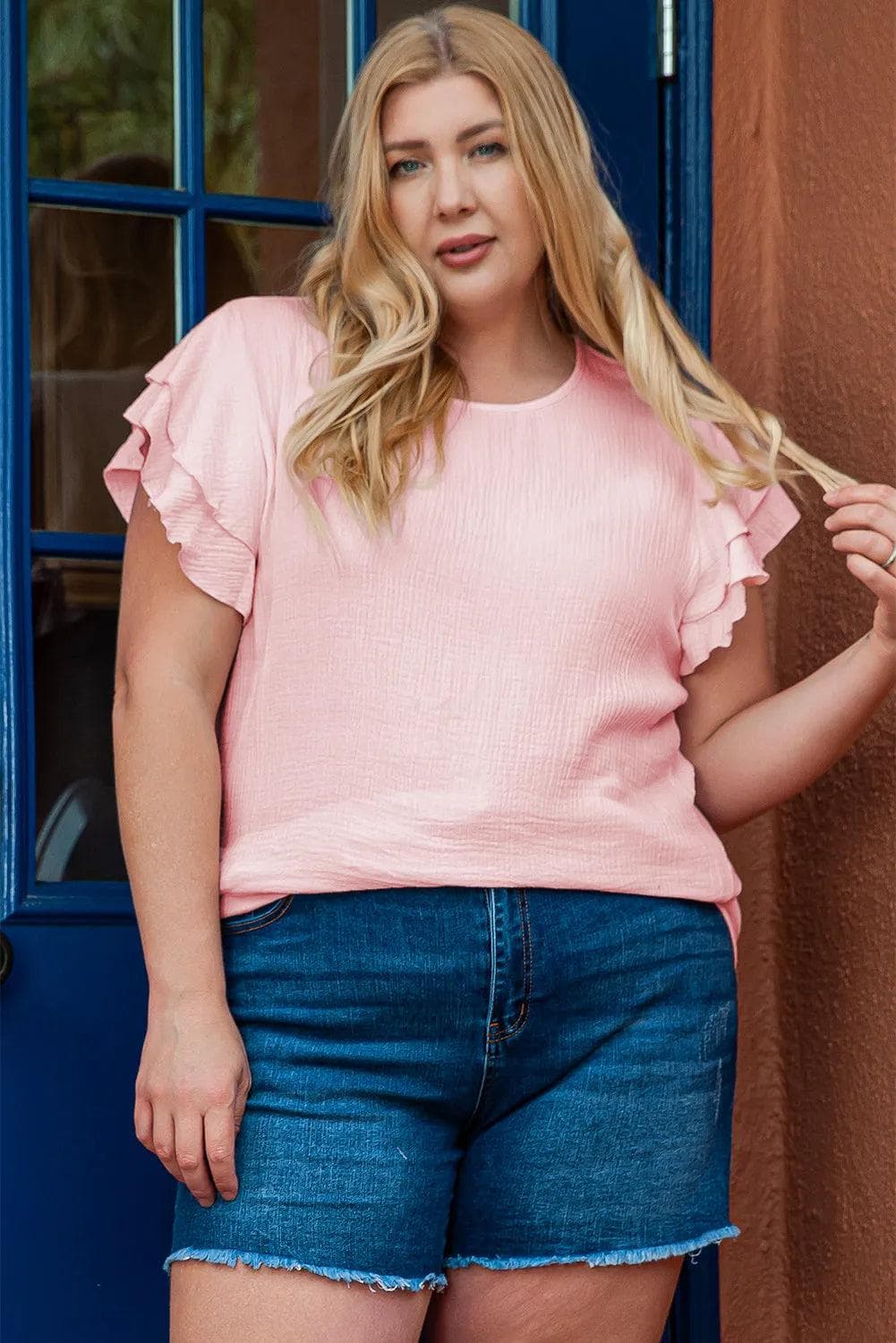 Plus Size/Plus Size Tops/Plus Size Tops & Tees Light Pink Plus Size Crinkle Textured Ruffle Sleeve Top