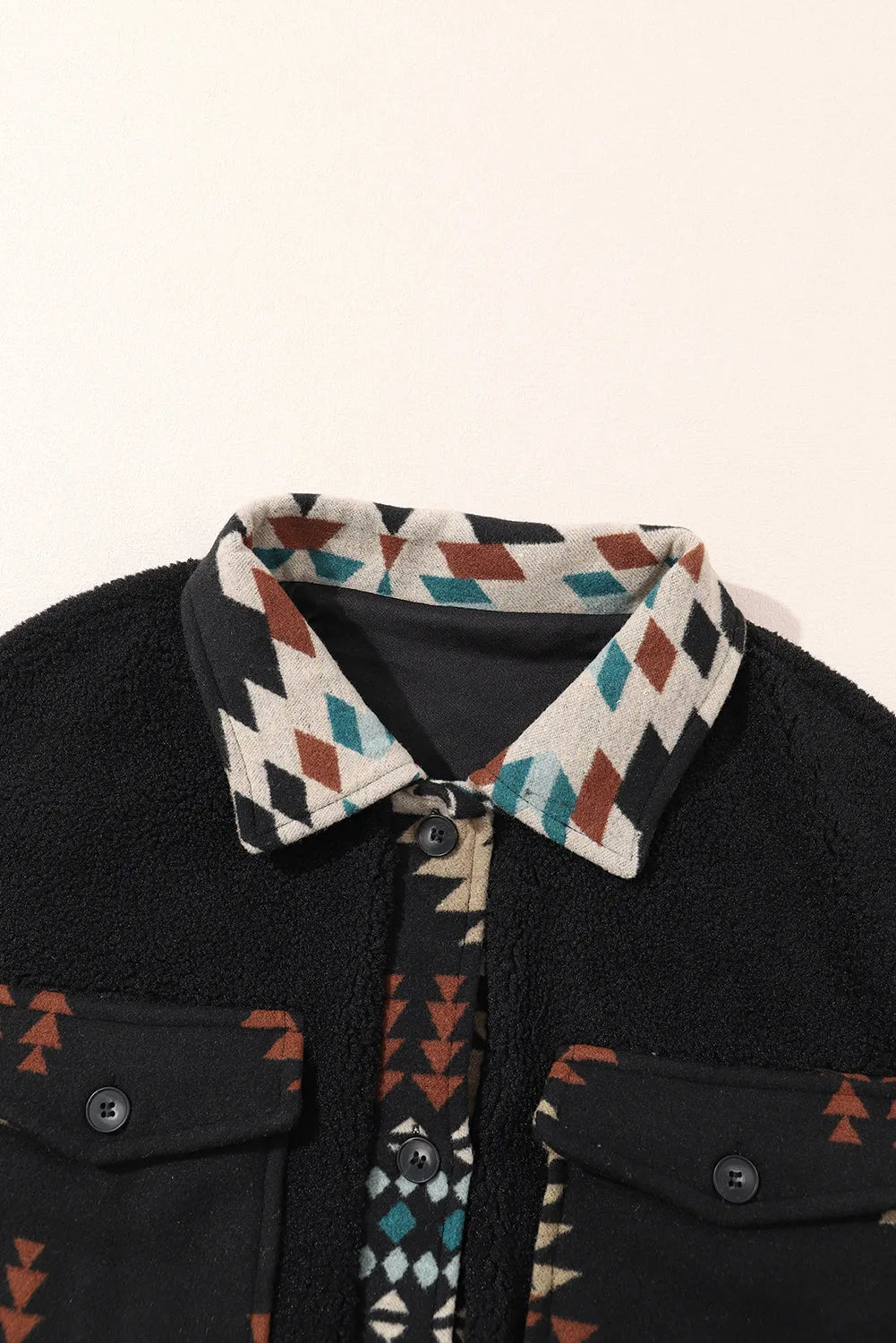 Black Western Aztec Print Accent Fleece Shacket - Chic Meadow Boutique 