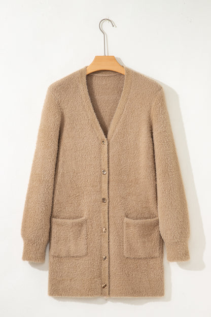Smoke Gray Fuzzy Buttoned Front Midi Solid Cardigan
