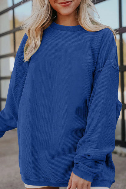 Dark Blue Ribbed Corduroy Oversized Sweatshirt - Chic Meadow Boutique 