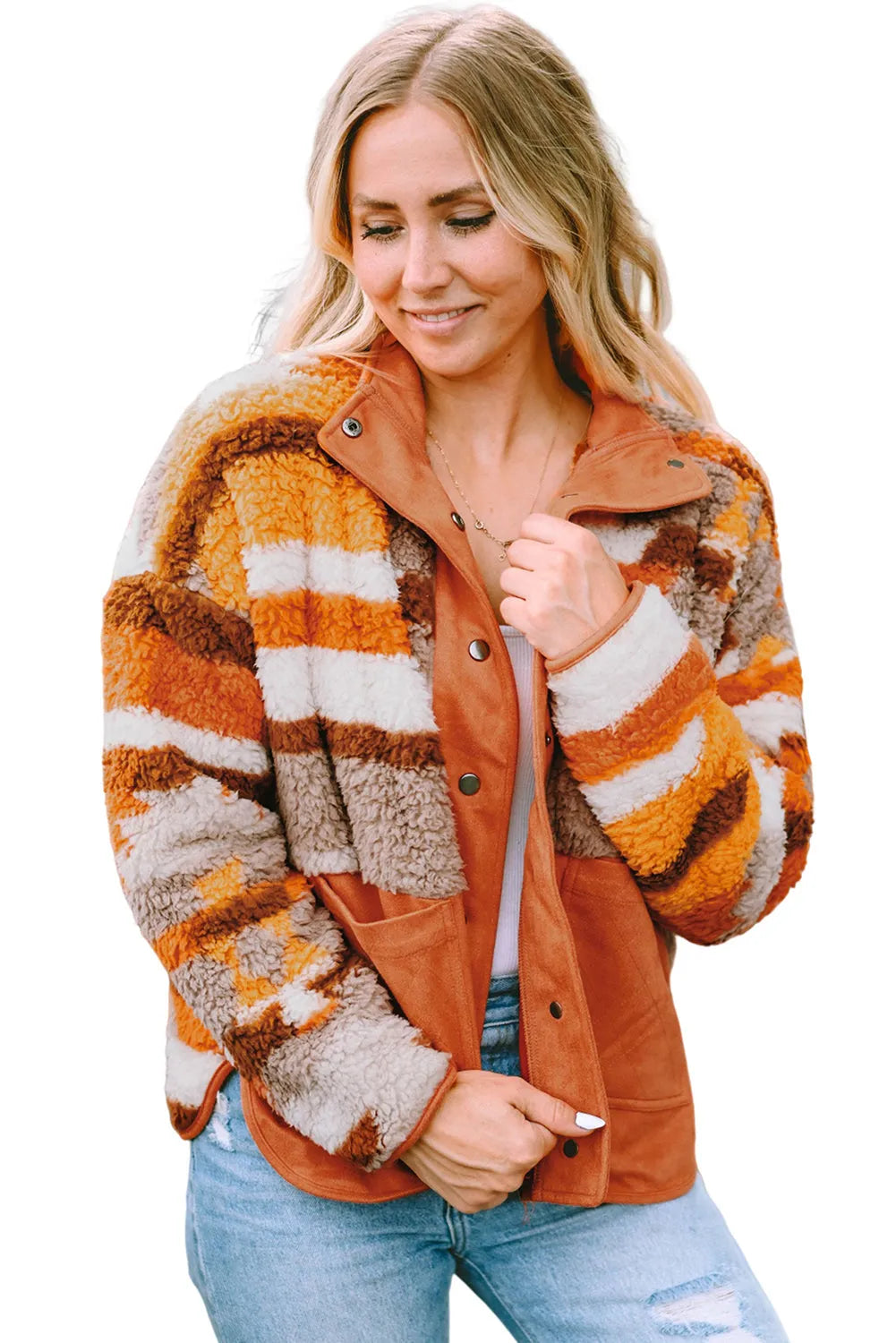 Brown Quilted Patch Pockets Aztec Furry Jacket - Chic Meadow Boutique 