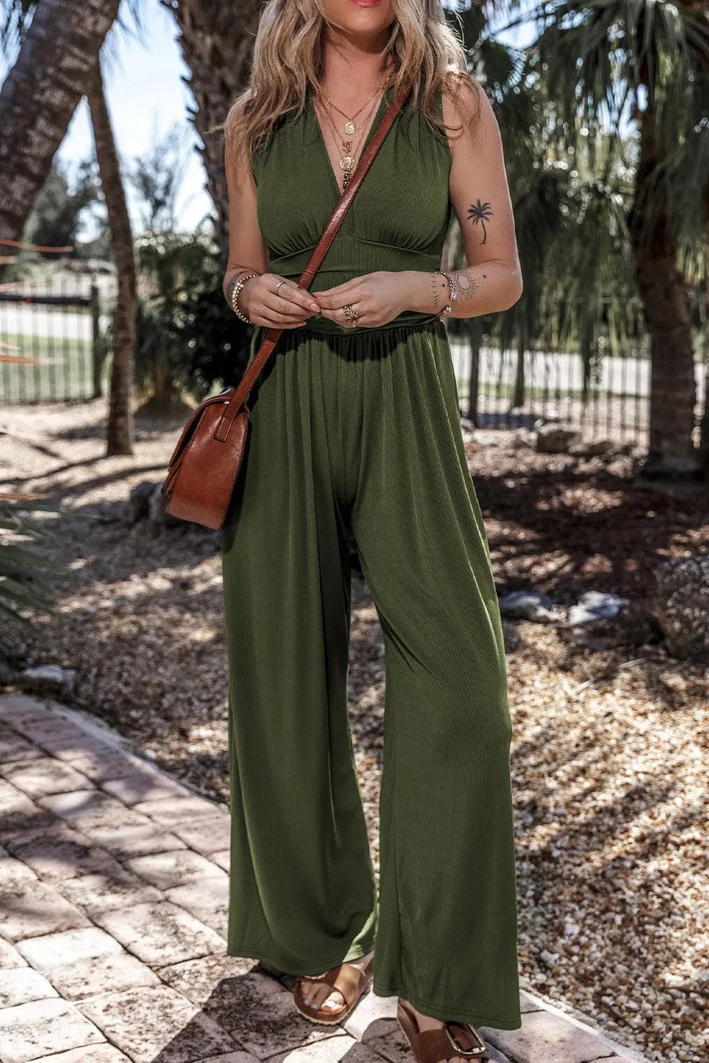 Moss Green Sleeveless V Neck Ruched Wide Leg Jumpsuit - Chic Meadow Boutique 