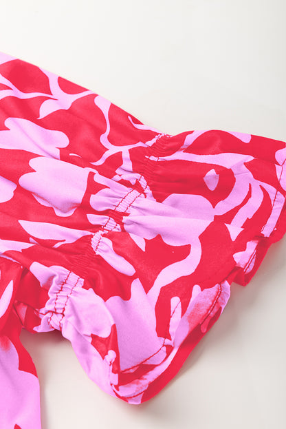 Red Floral Split V Neck Ruffled Short Sleeve Blouse Top