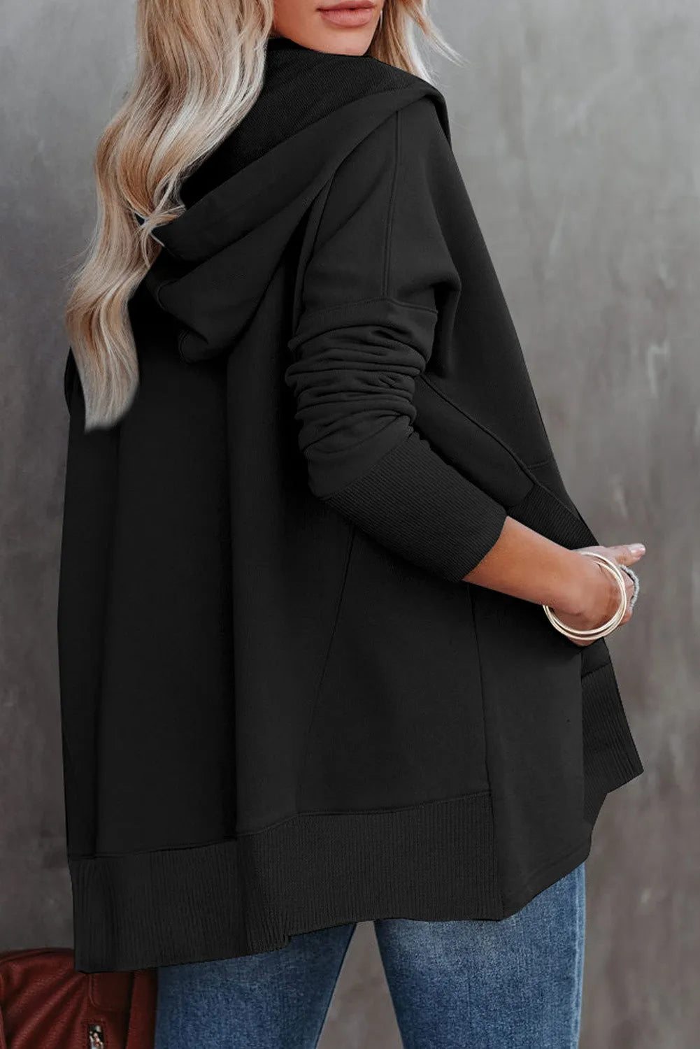 Black Batwing Sleeve Pocketed Henley Hoodie - Chic Meadow Boutique 