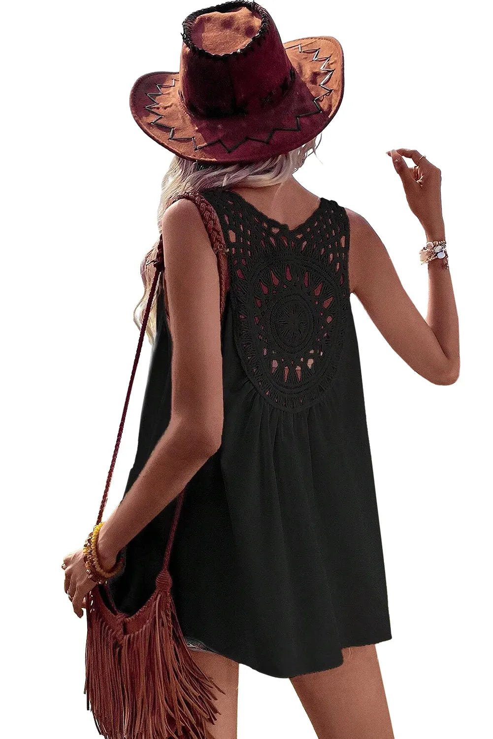 Black Bohemian Crochet Patchwork Sleeveless Tunic - Chic Meadow Boutique 