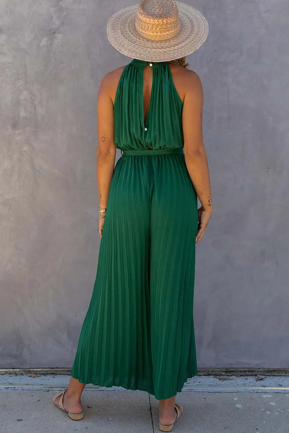 Green Halter Neck Pleated Wide Leg Jumpsuit with Belt - Chic Meadow Boutique 