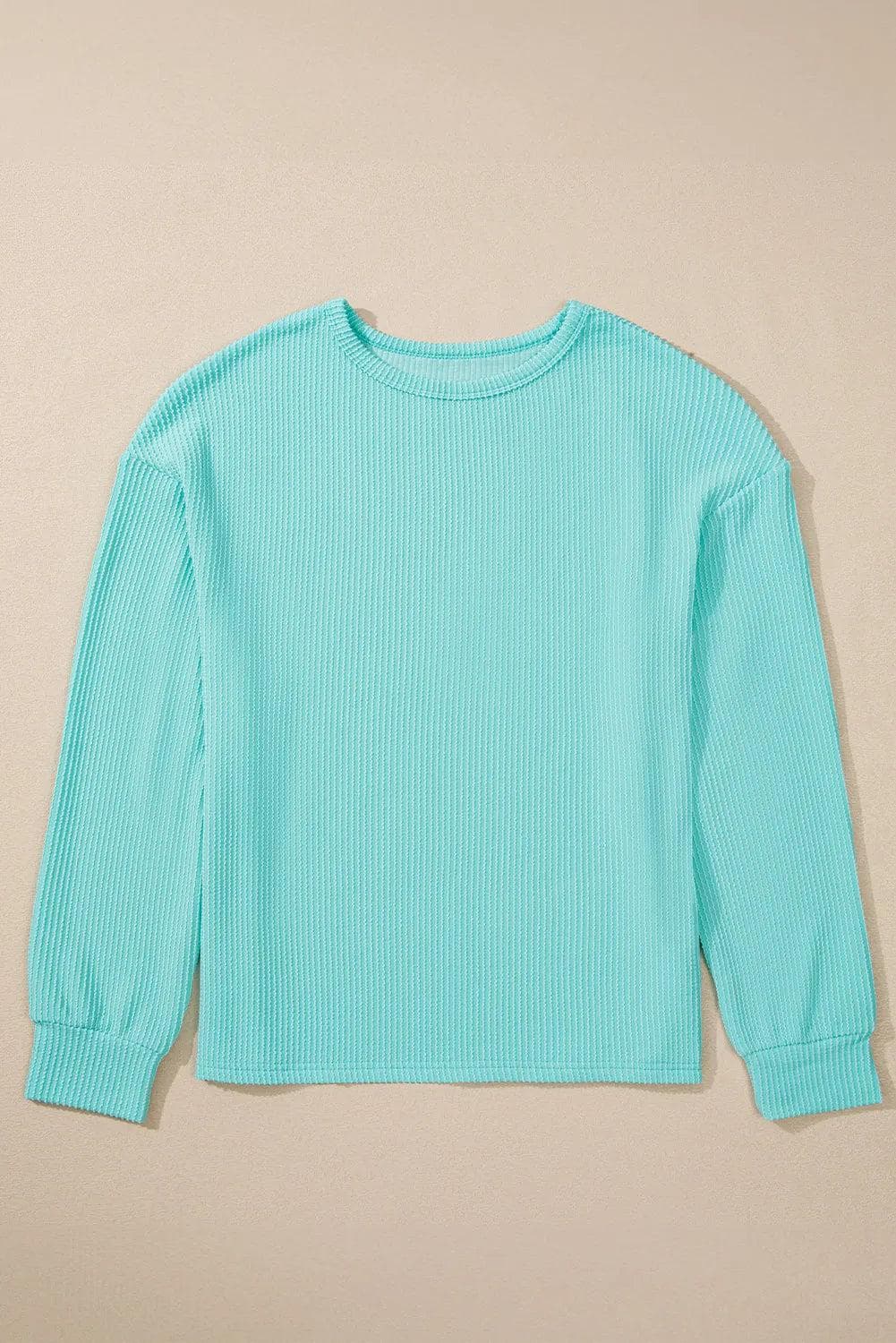 Tops/Long Sleeve Tops Aruba Blue Solid Color Corded Knit Round Neck Top