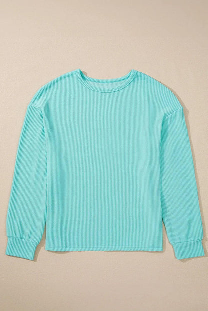 Tops/Long Sleeve Tops Aruba Blue Solid Color Corded Knit Round Neck Top