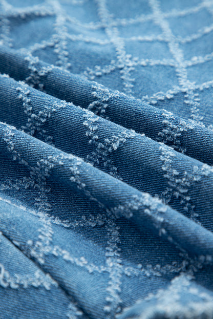 Dusk Blue Checkered Textured Short Sleeve Patched Pocket Denim Shirt