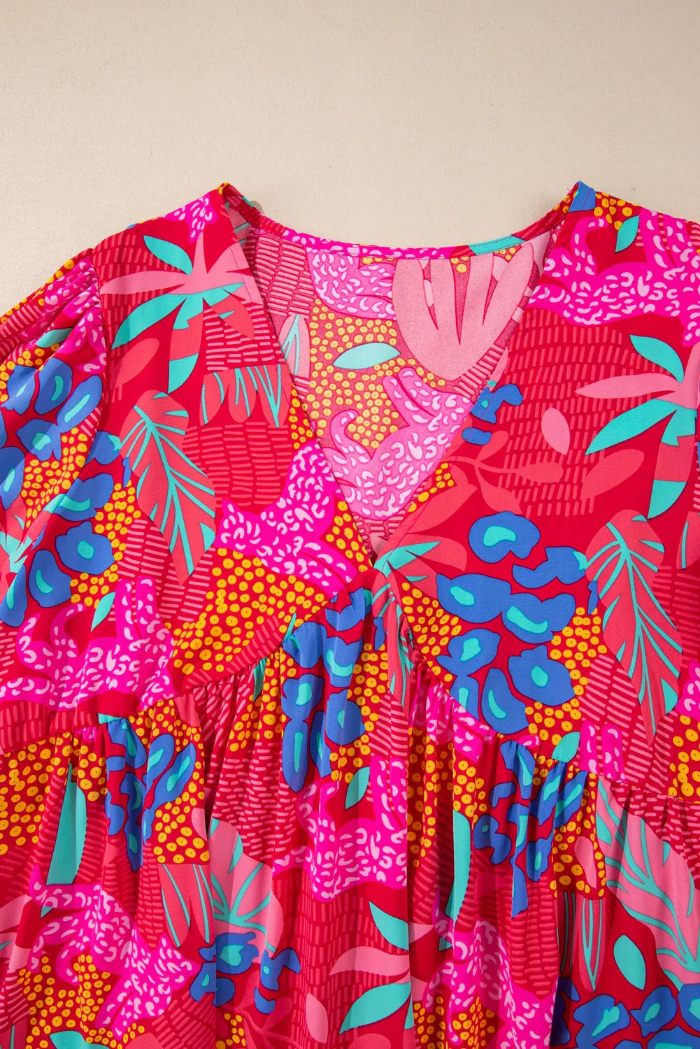 Rose Tropical Printed Lantern Sleeve V Neck Ruffled Plus Size Mini Dress - Chic Meadow Boutique 