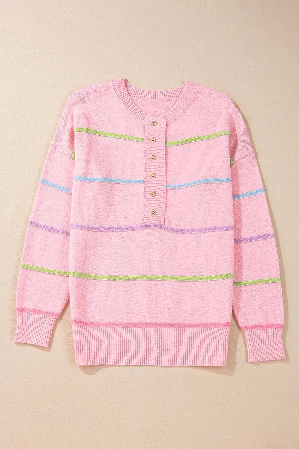 Sweaters & Cardigans/Sweaters Pink Rainbow Stripes Drop Shoulder Baggy Henley Sweater