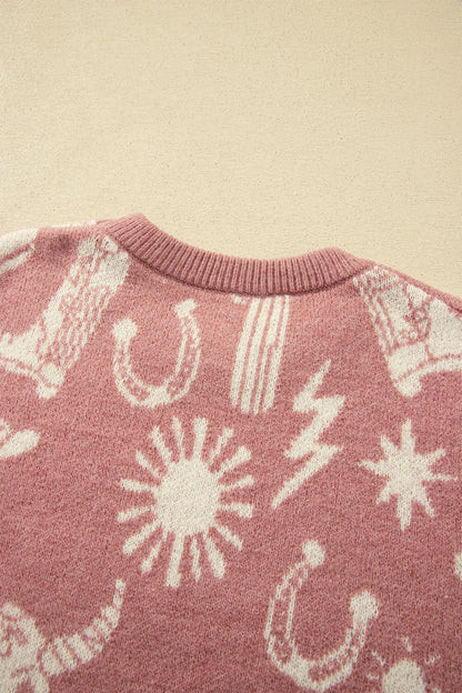 Peach Blossom Western Print Drop Shoulder Round Neck Long Sleeve Sweater