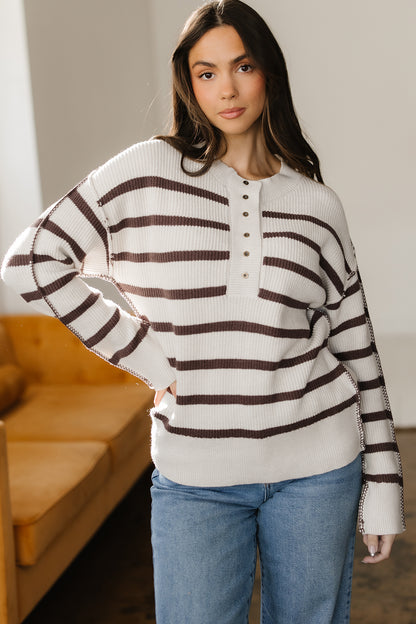 Brown Stripe Ribbed Henley Drop Shoulder Slouchy Sweater