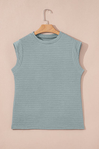 Beau Blue Solid Color Textured Crew Neck Tank Top