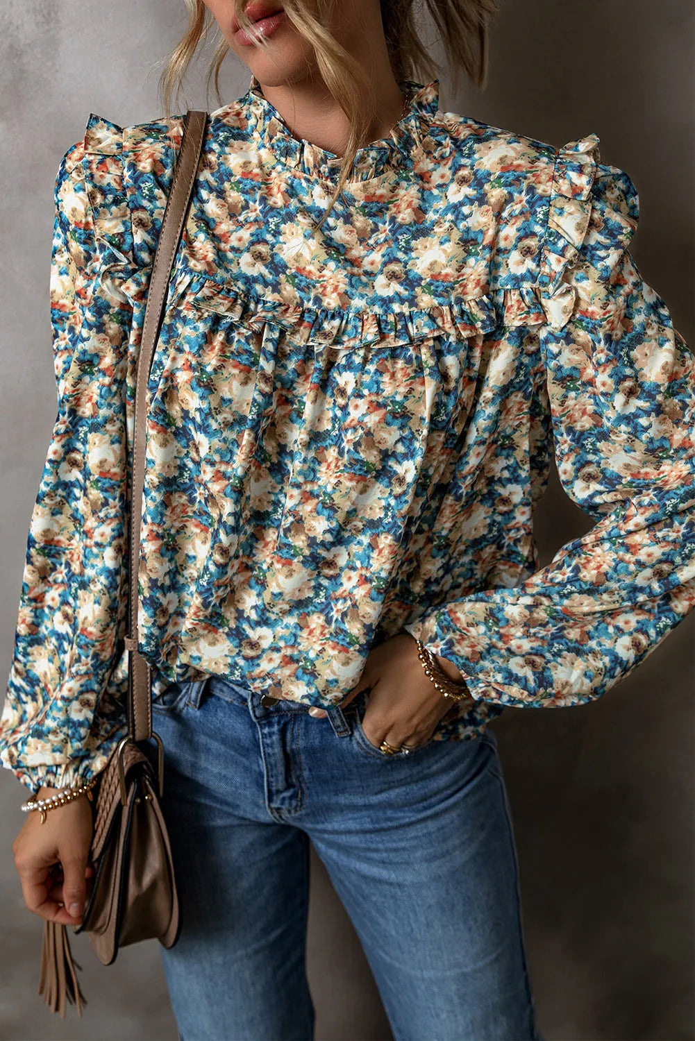 Sky Blue Floral Print Frilled Mock Neck Puff Sleeve Blouse - Chic Meadow Boutique 