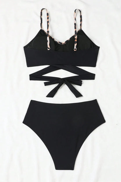 Black Leopard Splicing Criss Cross Tie Spaghetti Straps High Waisted Bikini - Chic Meadow Boutique 