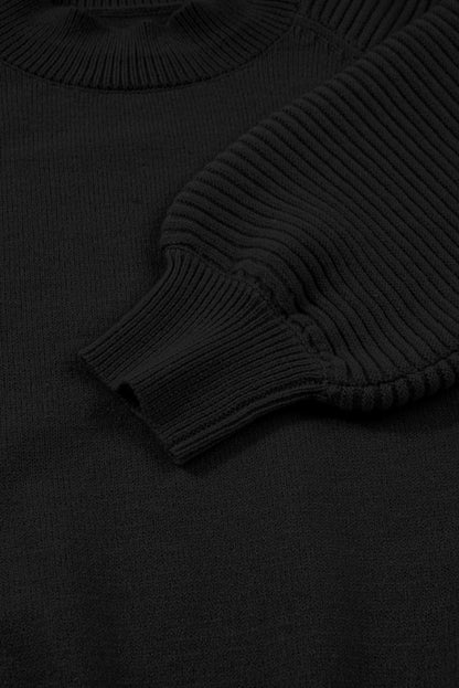 Black High Neck Puff Sleeve Sweater Pleated Mini Skirt 2pcs Knitted Outfit