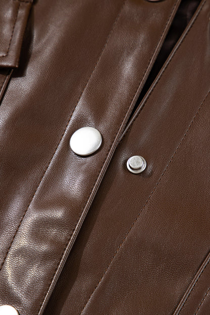 Chicory Coffee Double Flap Pocket Drawstring Hem Leather Jacket