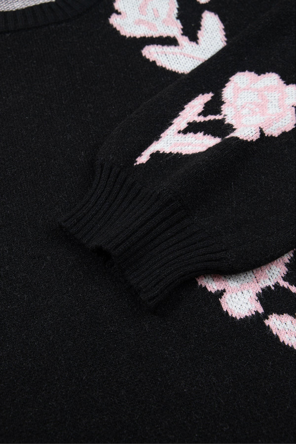 Black Floral Pattern Puff Sleeve Dropped Shoulder Pullover Sweater