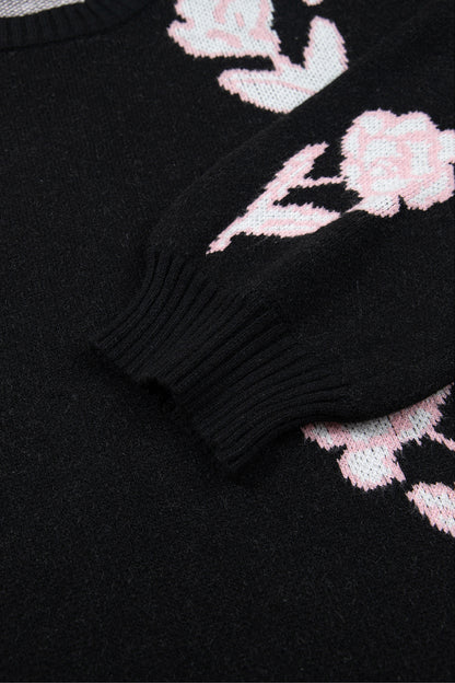 Black Floral Pattern Puff Sleeve Dropped Shoulder Pullover Sweater