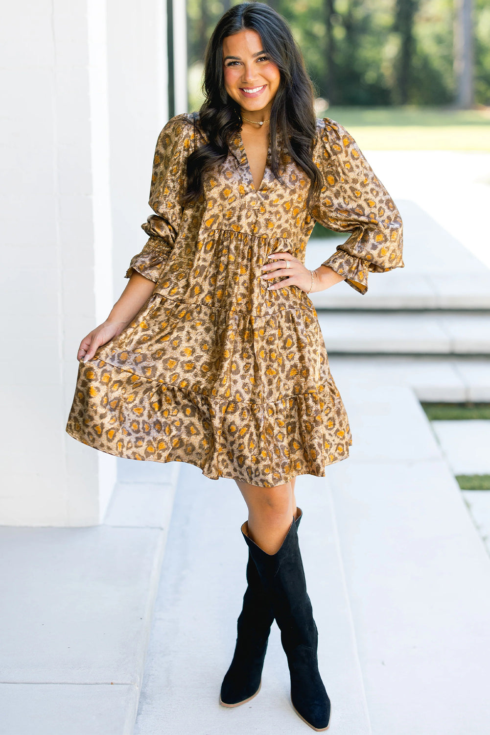Khaki Leopard Print V Neck Ruffled Sleeve Tiered Loose Mini Dress
