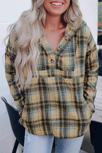 Khaki Plaid Button Neck Pocketed Pullover Hoodie - Chic Meadow Boutique 