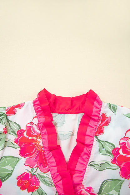 Rose Floral Frilled V Neck Short Sleeve Blouse Top