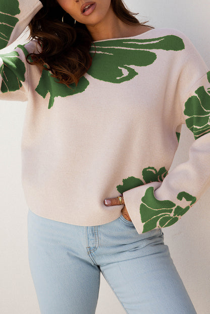 Green Bold Flower Pattern Wide Sleeve Baggy Sweater