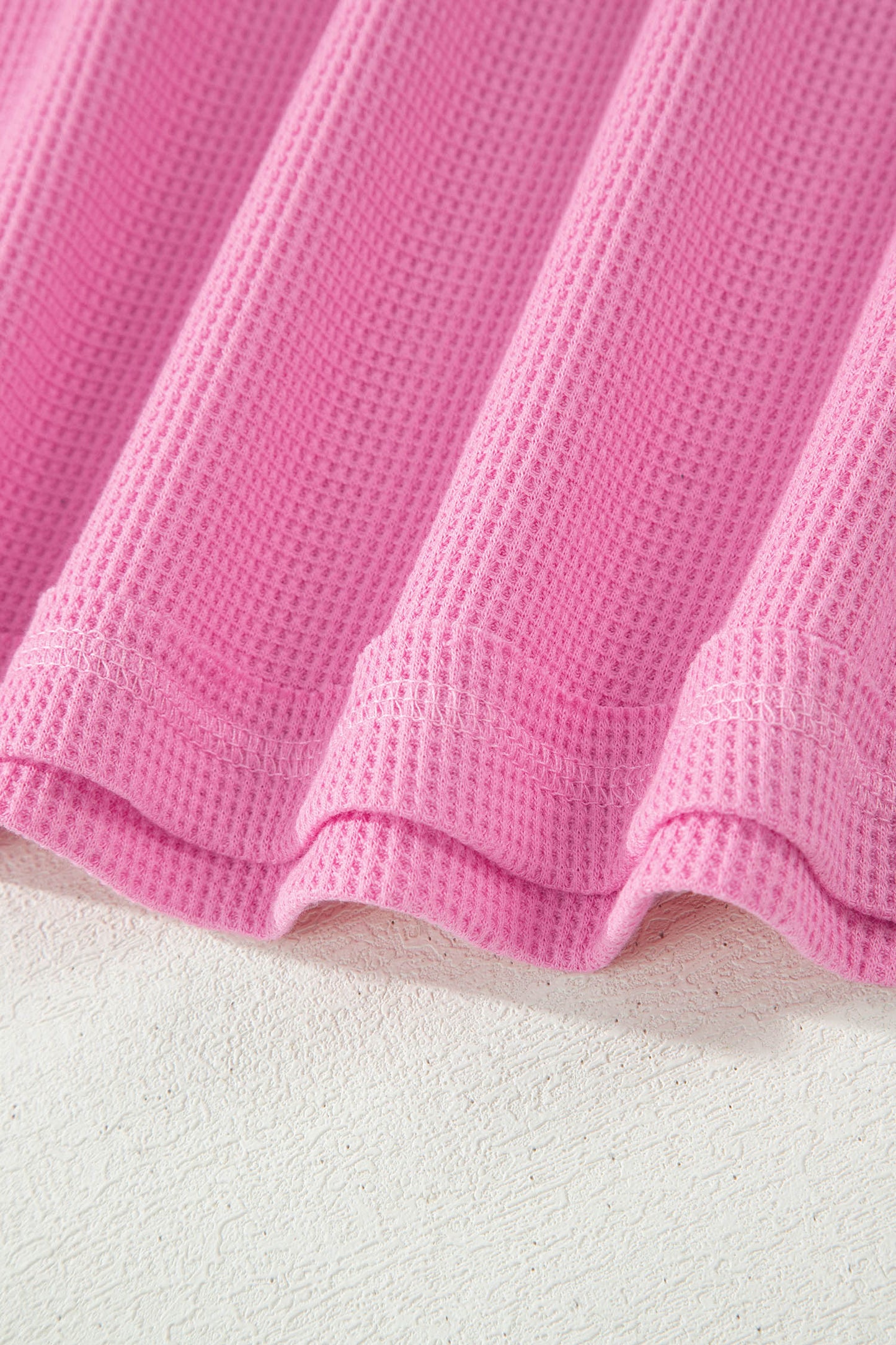 Pink Solid Color Raw Seam Waffled Patchwork Casual T Shirt