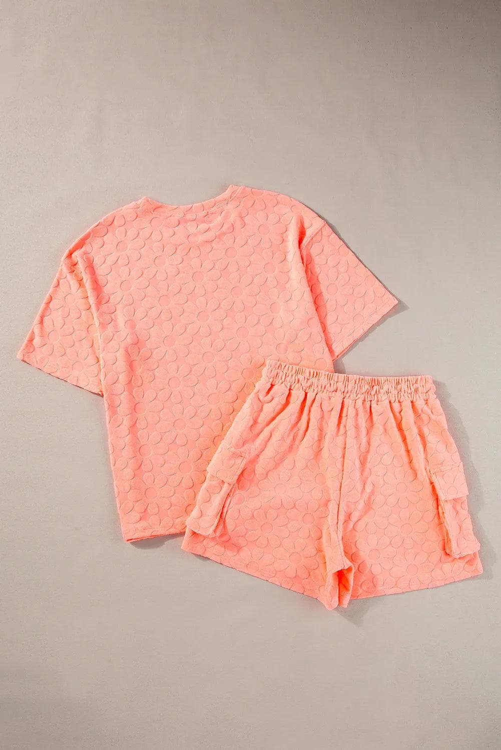 Two Piece Sets/Short Sets Grapefruit Orange Floral Textured Short Sleeve Top and Shorts Lounge Set