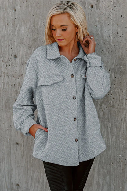 Gray Retro Quilted Flap Pocket Button Shacket - Chic Meadow Boutique 